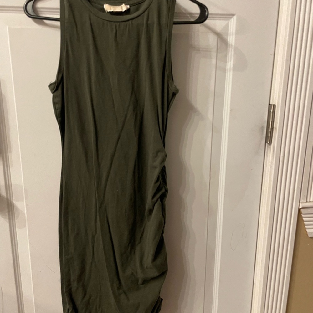 Michael Kors Deep Olive Green Midi Bodycon Dress with Ruched Detail